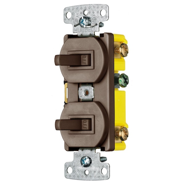 Hubbell Wiring Device-Kellems Switches and Lighting Controls, Combination Devices, Residential Grade, 2) Single Pole Toggles, 15A 120V AC, Self Grounding, Side Wired, Brown RC101 - main